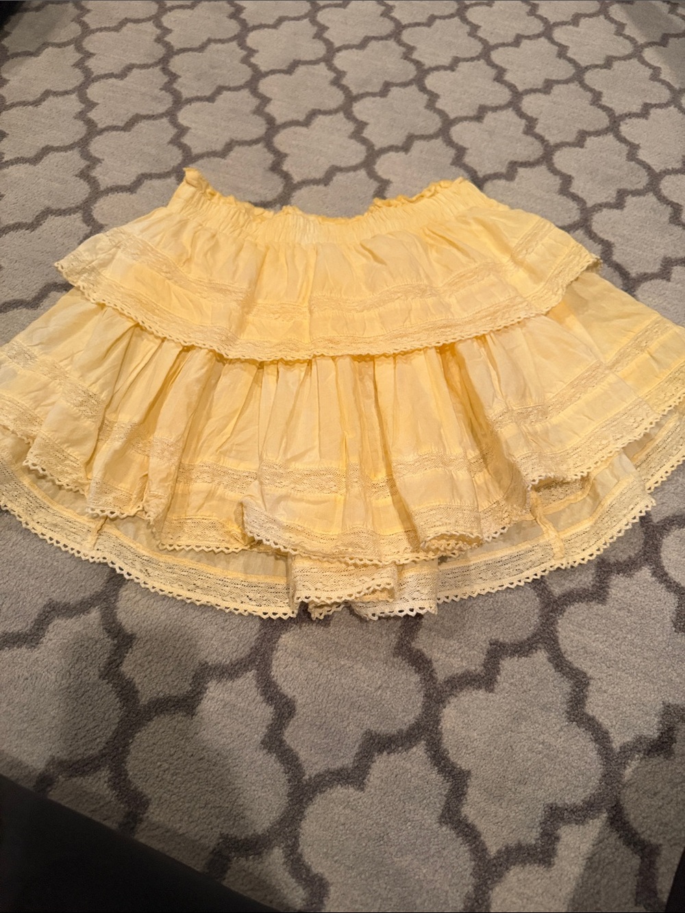 LoveShackFancy Soft Yellow Tiered Lace-Trim Skirt